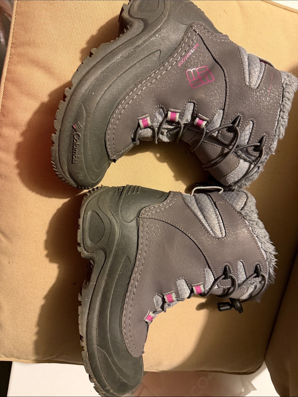 Columbia Kids Gray Winter Boots with Pink Accents